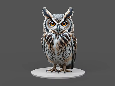 Realistic Flight Animal Owl With Yellow Eyes Patterned Feathers Tufted Ears On White Base 3d model