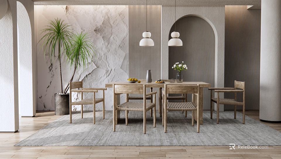 Modern Restaurant Interior With Wooden Dining Table Rattan Chairs Pendant Lights And Arched Doorway 3d model 