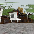 Traditional Chinese Commercial Street With Ancient Architecture Green Trees And Stone Paved Square