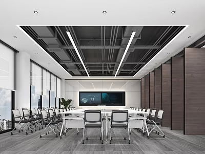 Modern Conference Room Interior With Long Table White Chairs Large Screen Wooden Walls And Windows 3d model