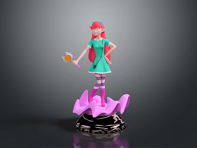 Pink Haired Girl In Green Dress With Flower Shaped Wand And Purple Petal Base 3d model