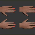 Four Human Hands With Red Nail Polish On Dark Background In Different Positions