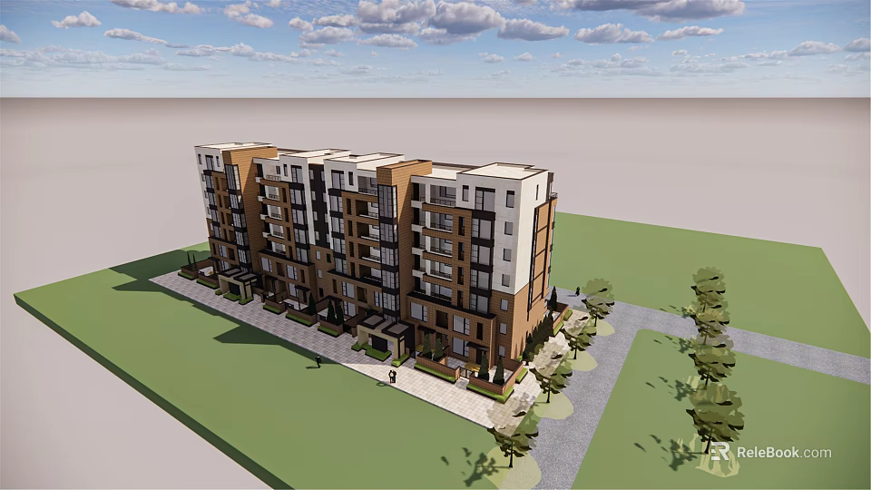 Modern Multi Story Residential Apartment Building With Green Area Trees And Sidewalk 3d model 