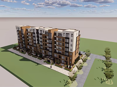 Modern Multi Story Residential Apartment Building With Green Area Trees And Sidewalk 3d model