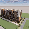 Modern Multi Story Residential Apartment Building With Green Area Trees And Sidewalk