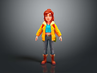 Woman With Red Hair In Yellow Jacket Blue Top Jeans And Brown Boots 3d model