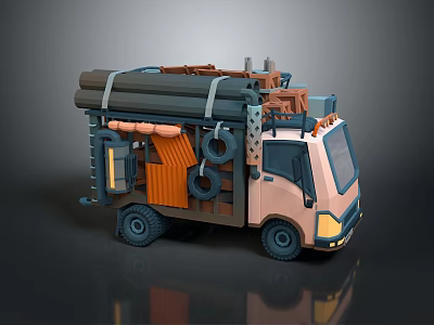 Light Pink Truck Loaded With Pipes Tires And Orange Wood Cartoon Style Concept Design Vehicle 3d model