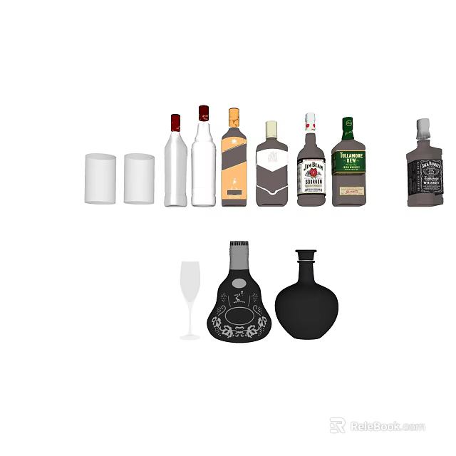 Decorative Ornament Set with Multiple Colored Bottles and Elegant Goblet Glasses 3d model 