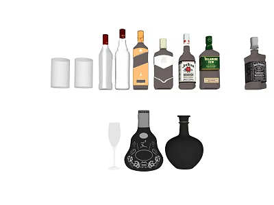 Decorative Ornament Set with Multiple Colored Bottles and Elegant Goblet Glasses 3d model