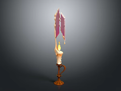Ornate Decorative Candlestick With Curved Handle Burning Candle And Purple Accents 3d model