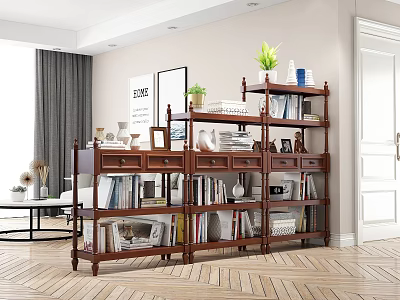 Elegant Wooden Decorative Cabinet In Living Room With Books Decorations And Green Plants 3d model