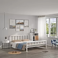 White Double Bed Frame In Bedroom With Wooden Floor And Window Curtains