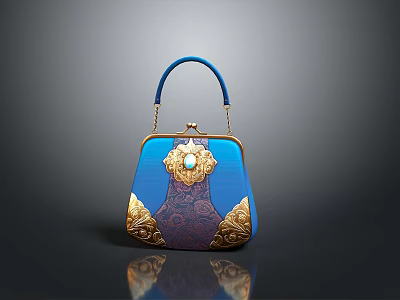Elegant Blue Handbag With Gold Decoration And Gemstone Clasp Patterned Design 3d model