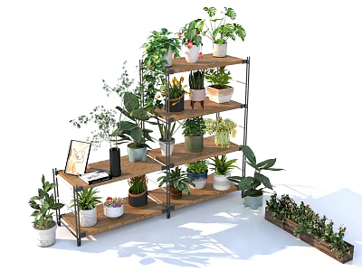 Multi tiered Indoor Plant Shelf With Wooden Shelves Metal Frame And Various Potted Plants 3d model