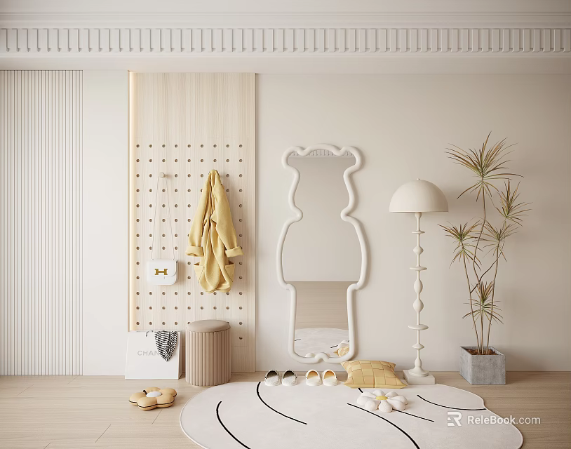 Minimalist Interior Wall Decor With Perforated Panel And Teddy Mirror 3d model 