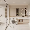 Modern Bathroom Interior Design With Glass Shower Round Mirror Vanity And Storage Cabinets