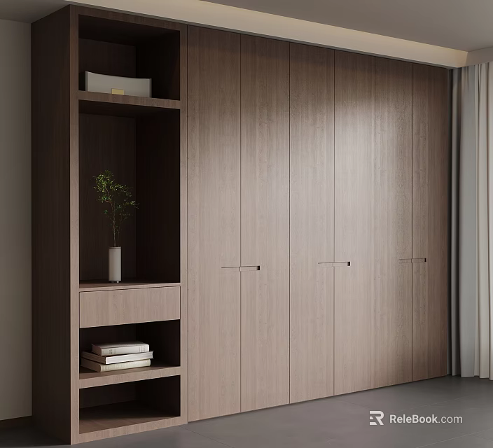 Modern Wooden Wardrobe Interior With Open Bookshelf Books And Green Plant 3d model 