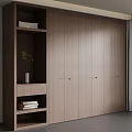 Modern Wooden Wardrobe Interior With Open Bookshelf Books And Green Plant