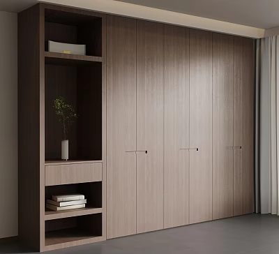 Modern Wooden Wardrobe Interior With Open Bookshelf Books And Green Plant 3d model