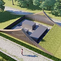 Wooden Fence In Front Of Triangular Roof Building With Green Trees Lawn And Person Standing