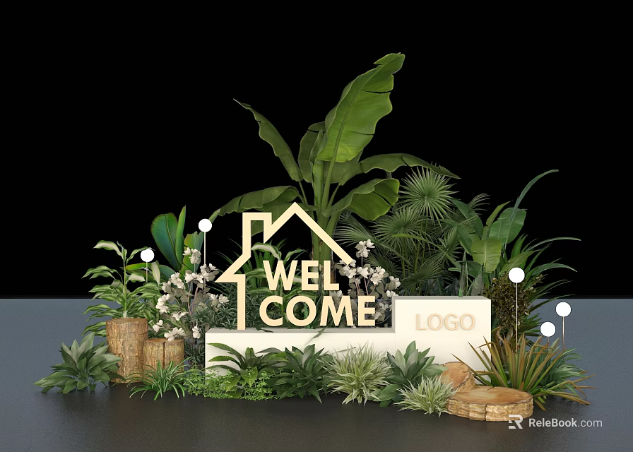 Floral Display Featuring Welcome Sign House Shaped Design Green Plants and Wooden Decor 3d model 