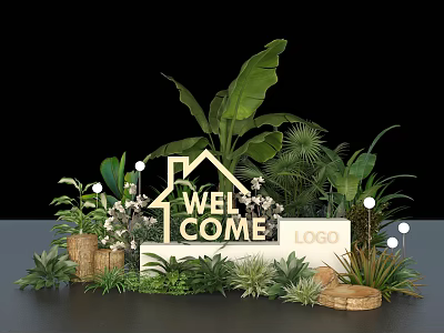 Floral Display Featuring Welcome Sign House Shaped Design Green Plants and Wooden Decor 3d model