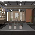 Traditional Chinese Tea House Interior With Wooden Shelves Tea Table And Decorative Plants