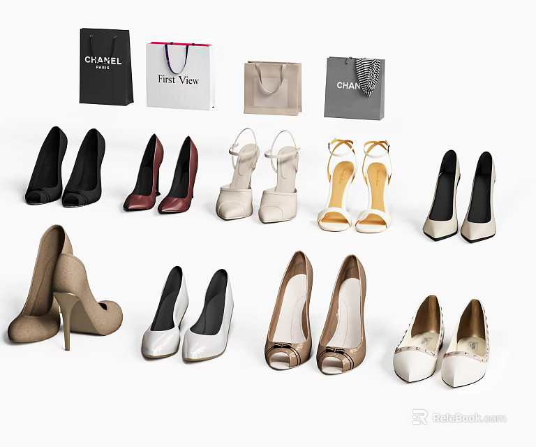 Stylish High Heel Shoes In Various Colors And Designer Brand Styles 3d model 