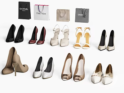 Stylish High Heel Shoes In Various Colors And Designer Brand Styles 3d model