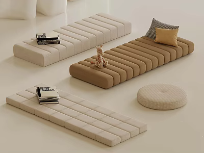 Beige And Brown Long Cushioned Seats With Round Pouf Books And Giraffe Toy 3d model