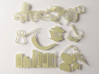 Golden Wall Decor With Chair Teacup Dragon Fan Panda And Buildings 3d model