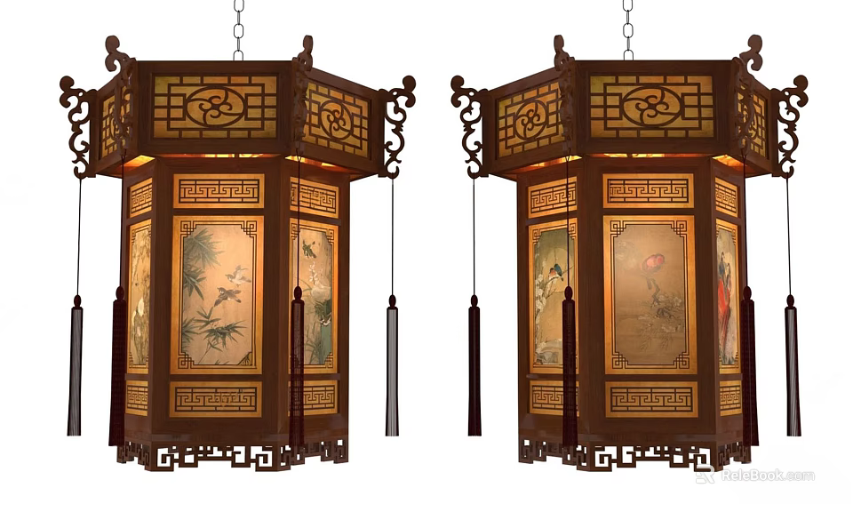 Traditional Chinese Hanging Lanterns With Wooden Frame Floral Paintings And Tassels 3d model 