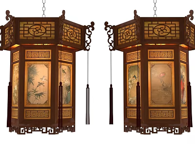 Traditional Chinese Hanging Lanterns With Wooden Frame Floral Paintings And Tassels 3d model