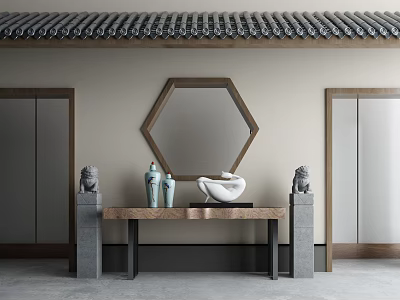 Traditional Chinese Console Table With Hexagonal Mirror Stone Lion Statues And Ceramic Vases 3d model