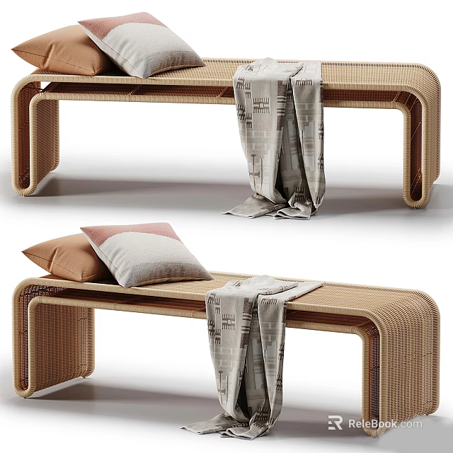 Modern Rattan Bench with Brown and Gray Pillows and Patterned Blanket for Cozy Seating 3d model 