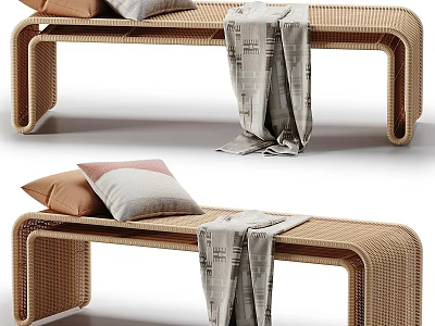 Modern Rattan Bench with Brown and Gray Pillows and Patterned Blanket for Cozy Seating 3d model