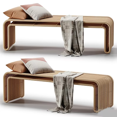 Modern Rattan Bench with Brown and Gray Pillows and Patterned Blanket for Cozy Seating 3d model