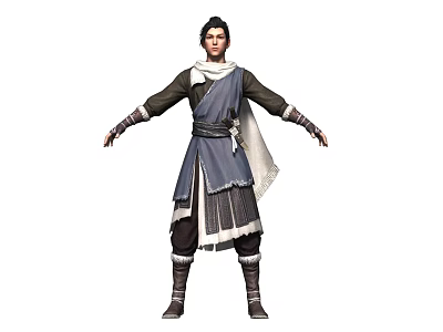 Man in Traditional Costume with Dark Top Blue Sash White Cape Boots Posing Arms Outstretched 3d model
