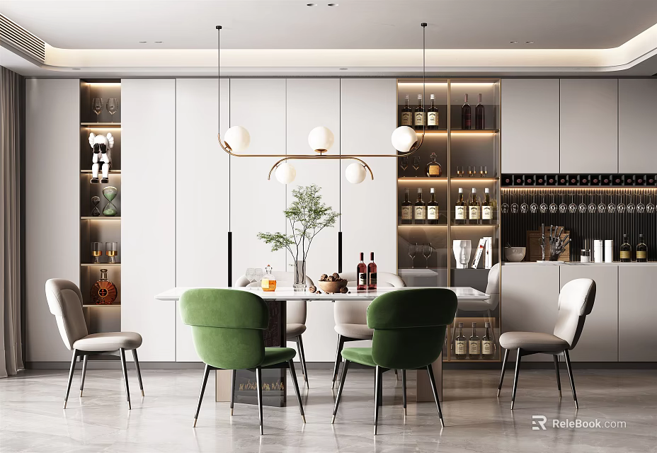 Modern Restaurant Interior Design With Dining Table Green Chairs Pendant Lights And Wine Rack 3d model 