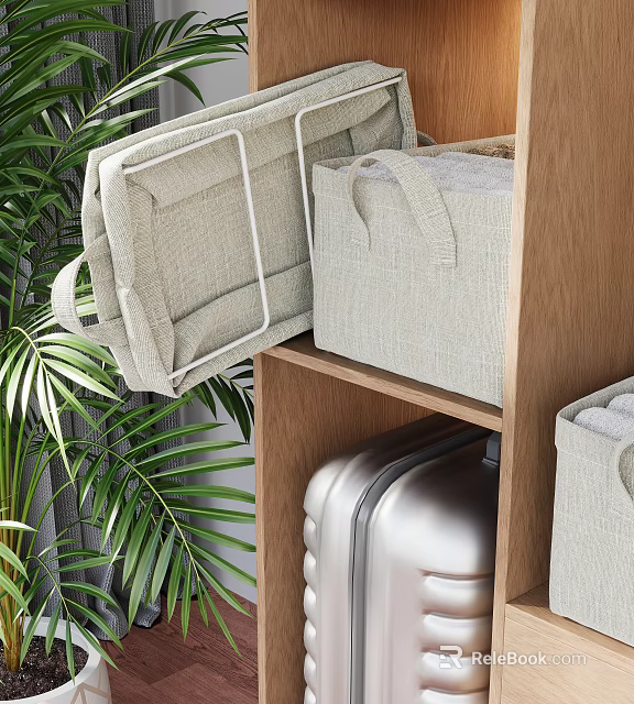 Fabric Storage Bins On Wooden Shelf With Green Plants And Silver Luggage 3d model 