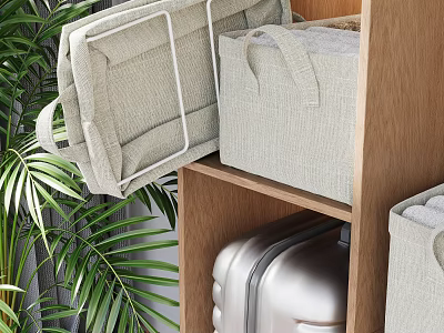 Fabric Storage Bins On Wooden Shelf With Green Plants And Silver Luggage 3d model