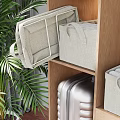 Fabric Storage Bins On Wooden Shelf With Green Plants And Silver Luggage