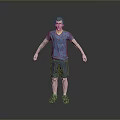 Man In Blue T Shirt And Blue Shorts Standing Against Gray Background