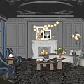 Elegant Living Room Interior With Gray Walls Circular Chandelier Fireplace Blue Armchairs And Beige Sofa