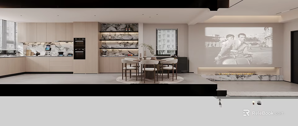 Modern Warm Open Plan Living And Dining Room With Elegant Wood Display Cabinets And Dining Set 3d model 