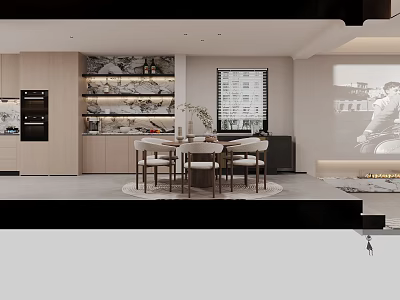 Modern Warm Open Plan Living And Dining Room With Elegant Wood Display Cabinets And Dining Set 3d model