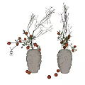 Textured Vases With Red Fruits And Twigs Scattered Fruits Around On White Background