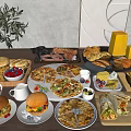 Assorted Breakfast Foods With Hamburgers Pizzas Wraps Sausages Fruits Pastries And Orange Juice