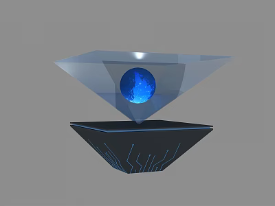 Modern Display Shelf Featuring Transparent Pyramid Structure Blue Sphere Black Base And Illuminated Lines 3d model