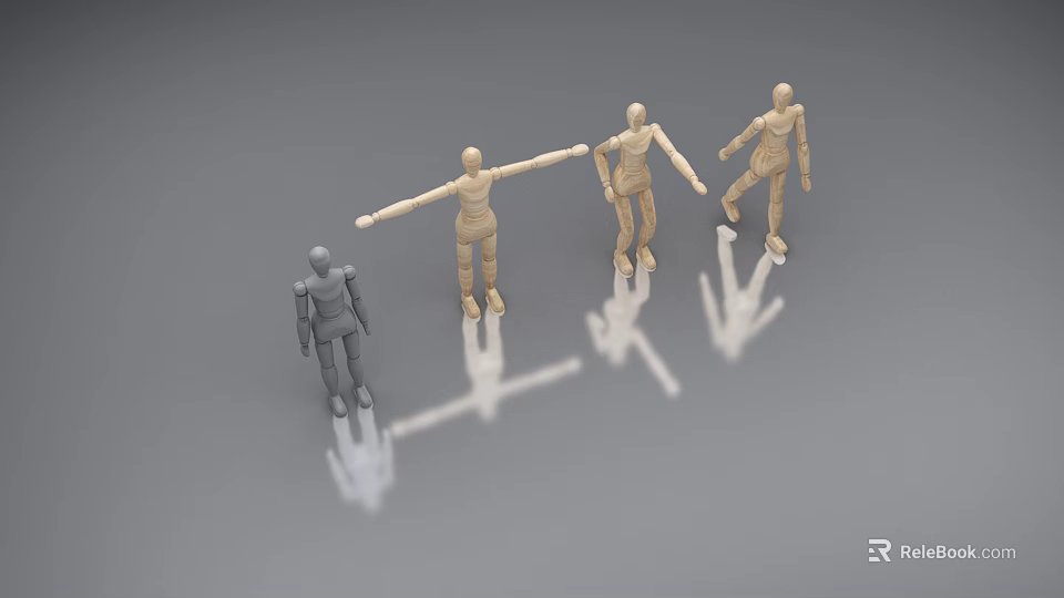Wooden And Grey Dolls Holding Hands Forming A Circle With Reflections 3d model 